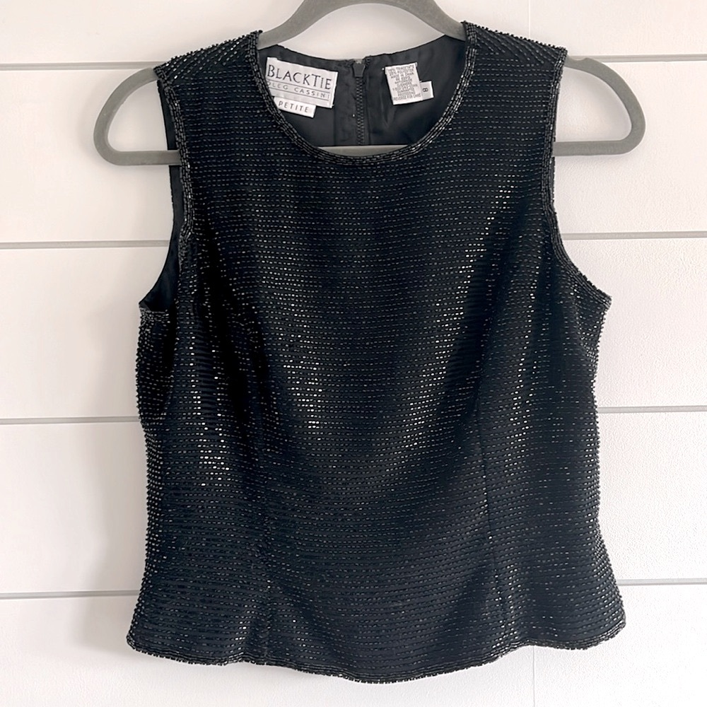 Oleg Cassini Black Fitted Sleeveless Tank Top with Sequin
